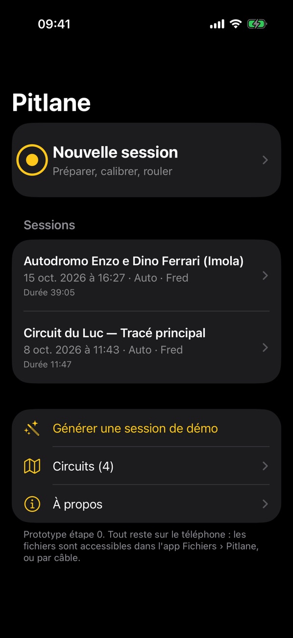Accueil : bouton Nouvelle session et liste des sessions enregistrées
