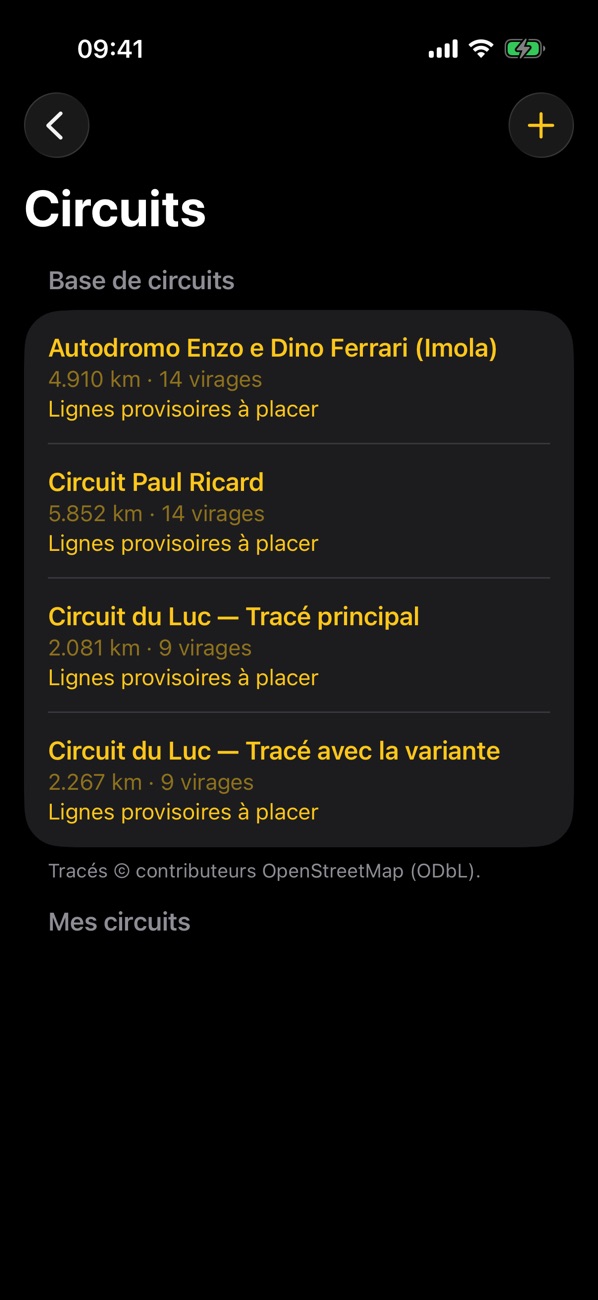 Base de circuits : Imola, Paul Ricard, Circuit du Luc avec longueur et nombre de virages