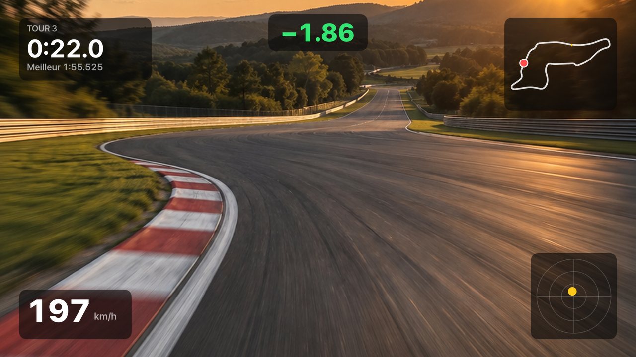 Export 16:9 pour YouTube : vidéo embarquée avec l'overlay Pitlane