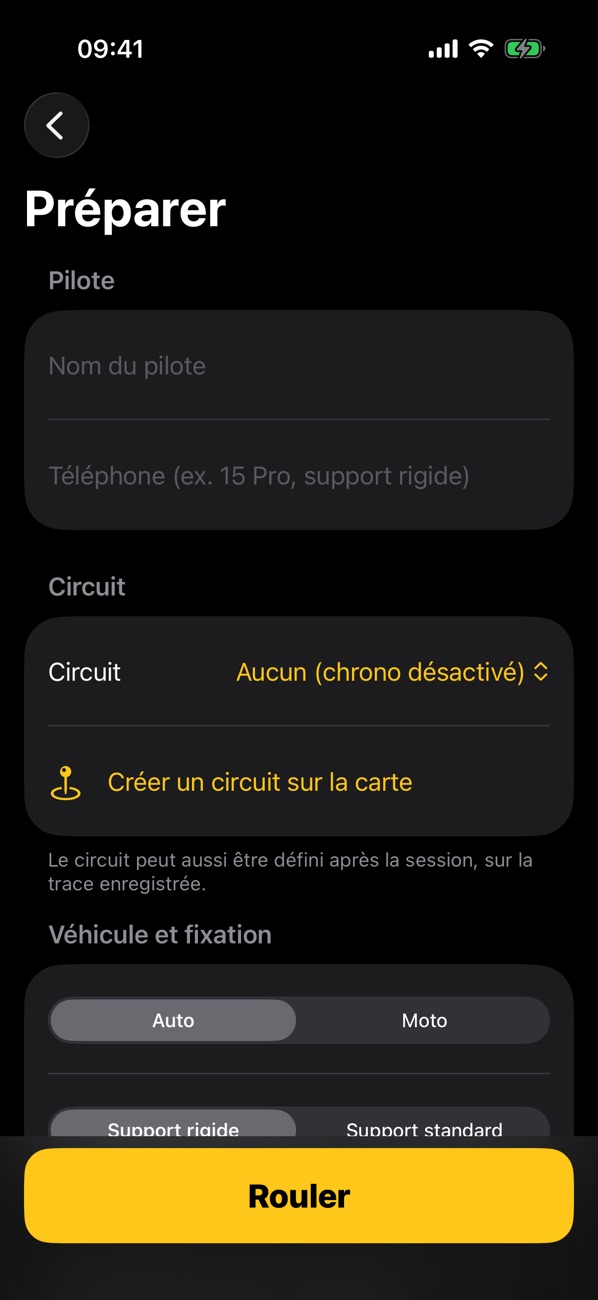 Préparer : pilote, circuit, véhicule et fixation, puis le bouton Rouler